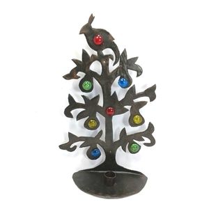 Vintage Handmade Cut Out Metal Wall Candle Holder Clear Bead Accents EUC